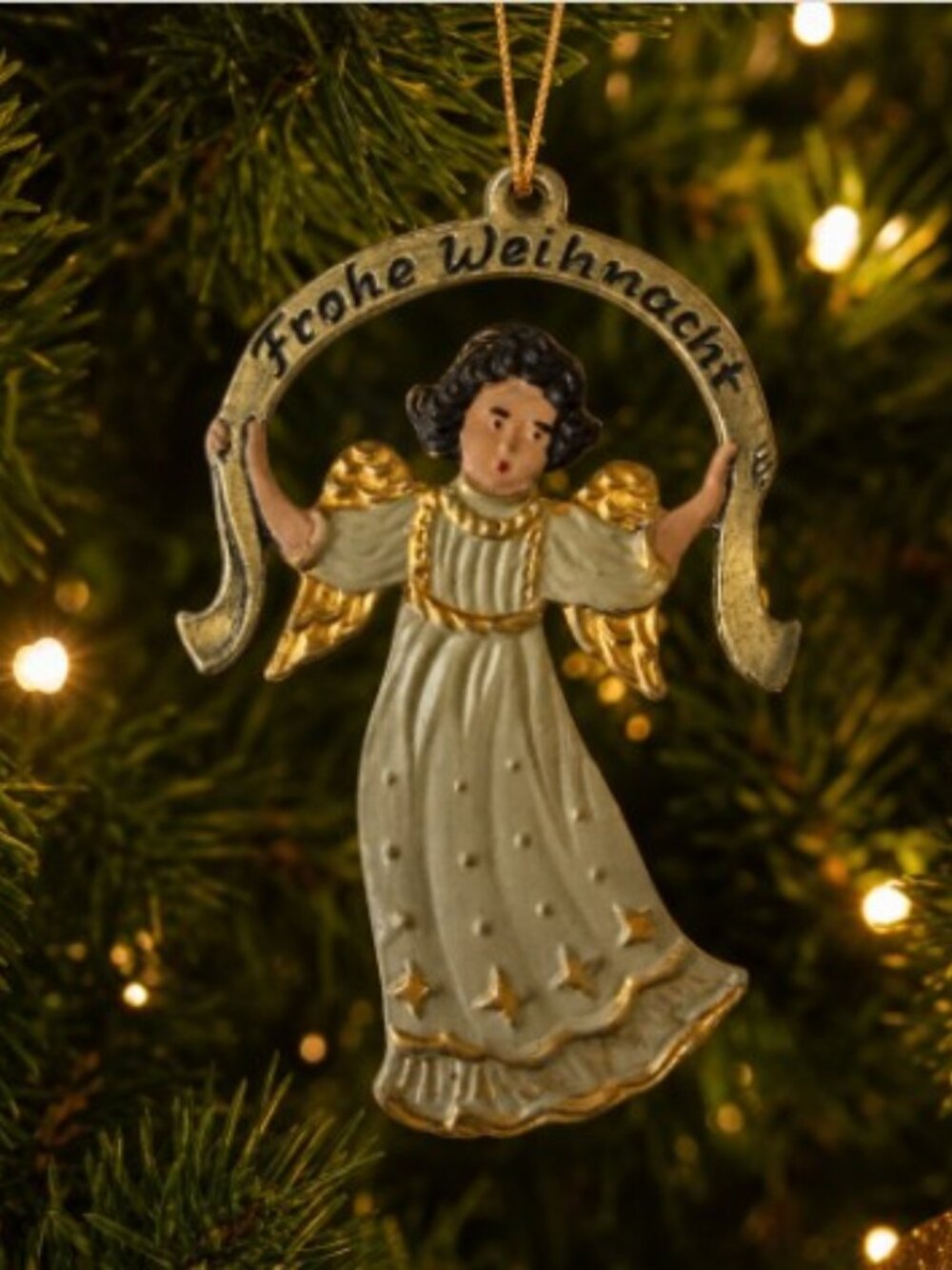 Vtg KUEHN ZINN German Hand-Painted Pewter Angel Ornament - "Frohe Weihnach" - Picture 3 of 9